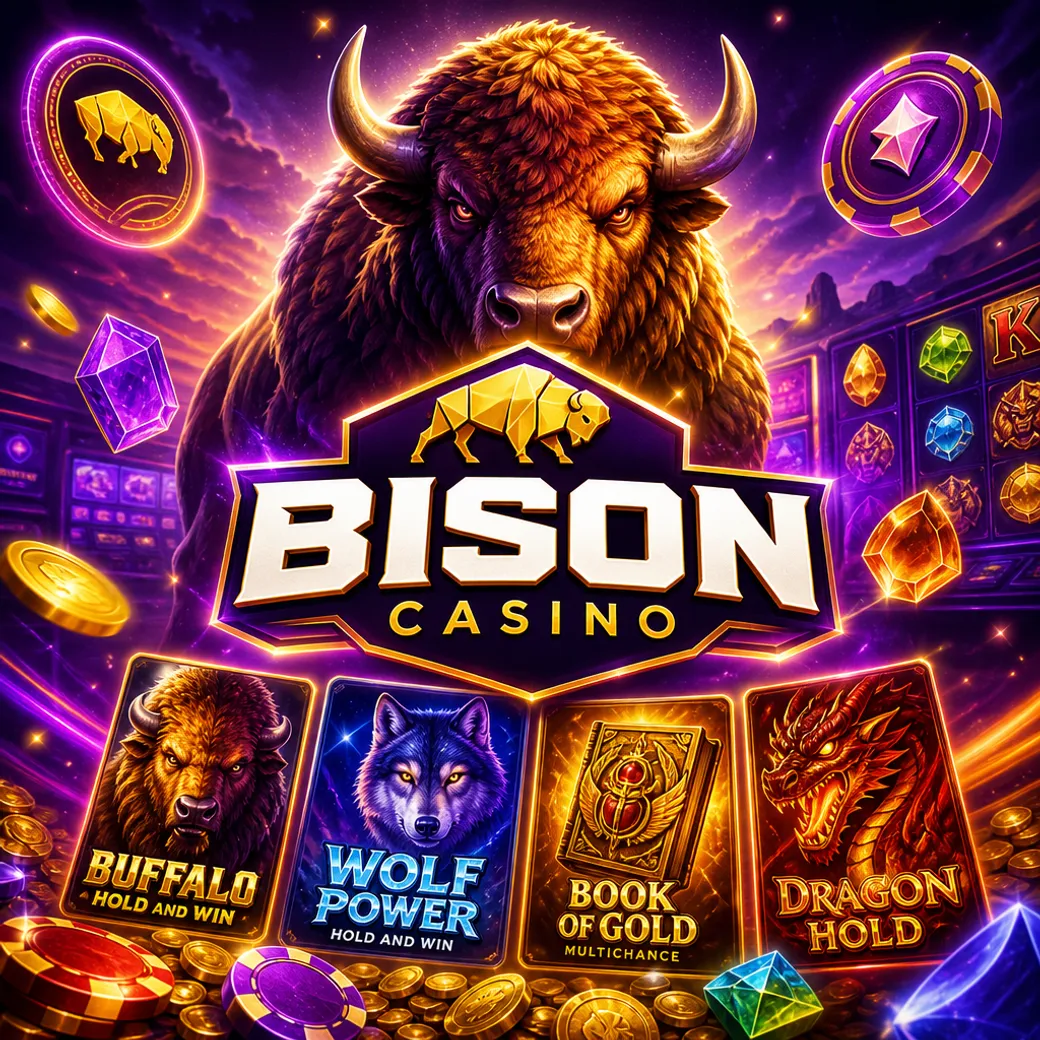 Bison Casino promotional square image featuring vibrant brand colors and elements inspired by associated slot games.